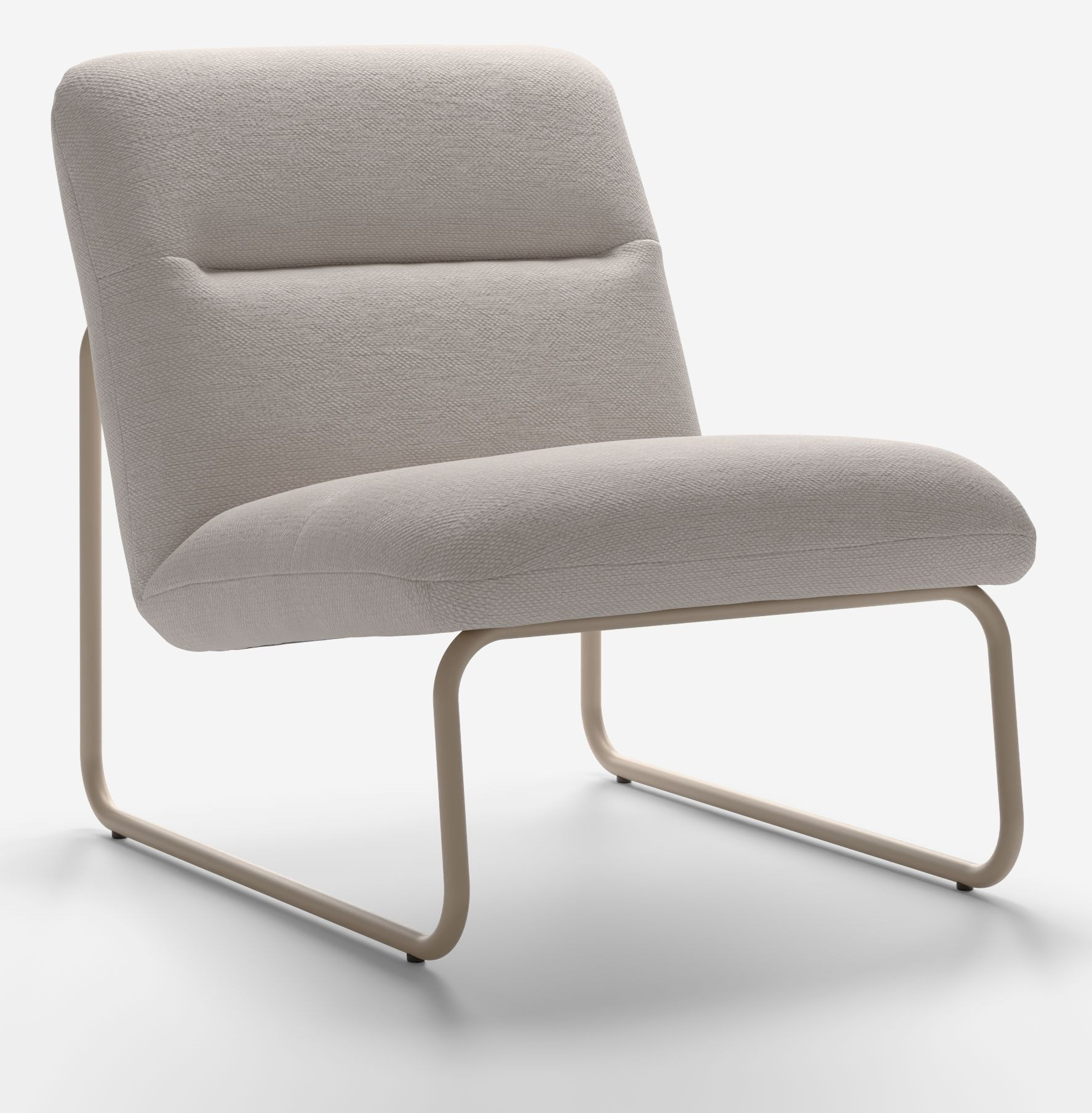 Cozycheeks, a single chair in plain beige woven fabric on a quartz sled, no arms