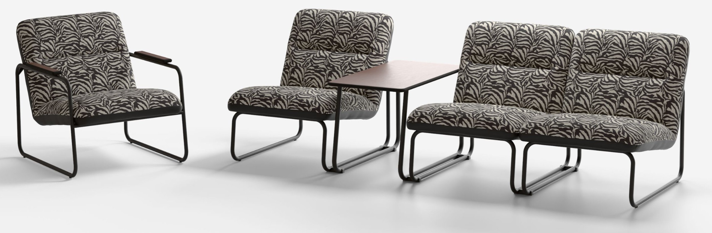 Cozycheeks covered in a black and cream leaf fabric, as an armchair, a chair with a table, and a bench