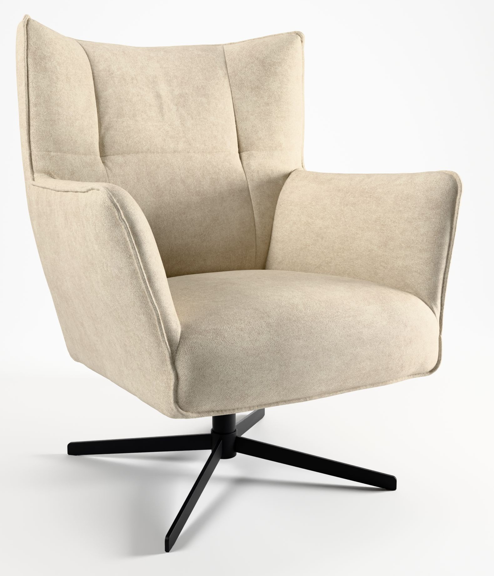 Wingcheek, a beige wing chair on a black swivel, three-quarter view